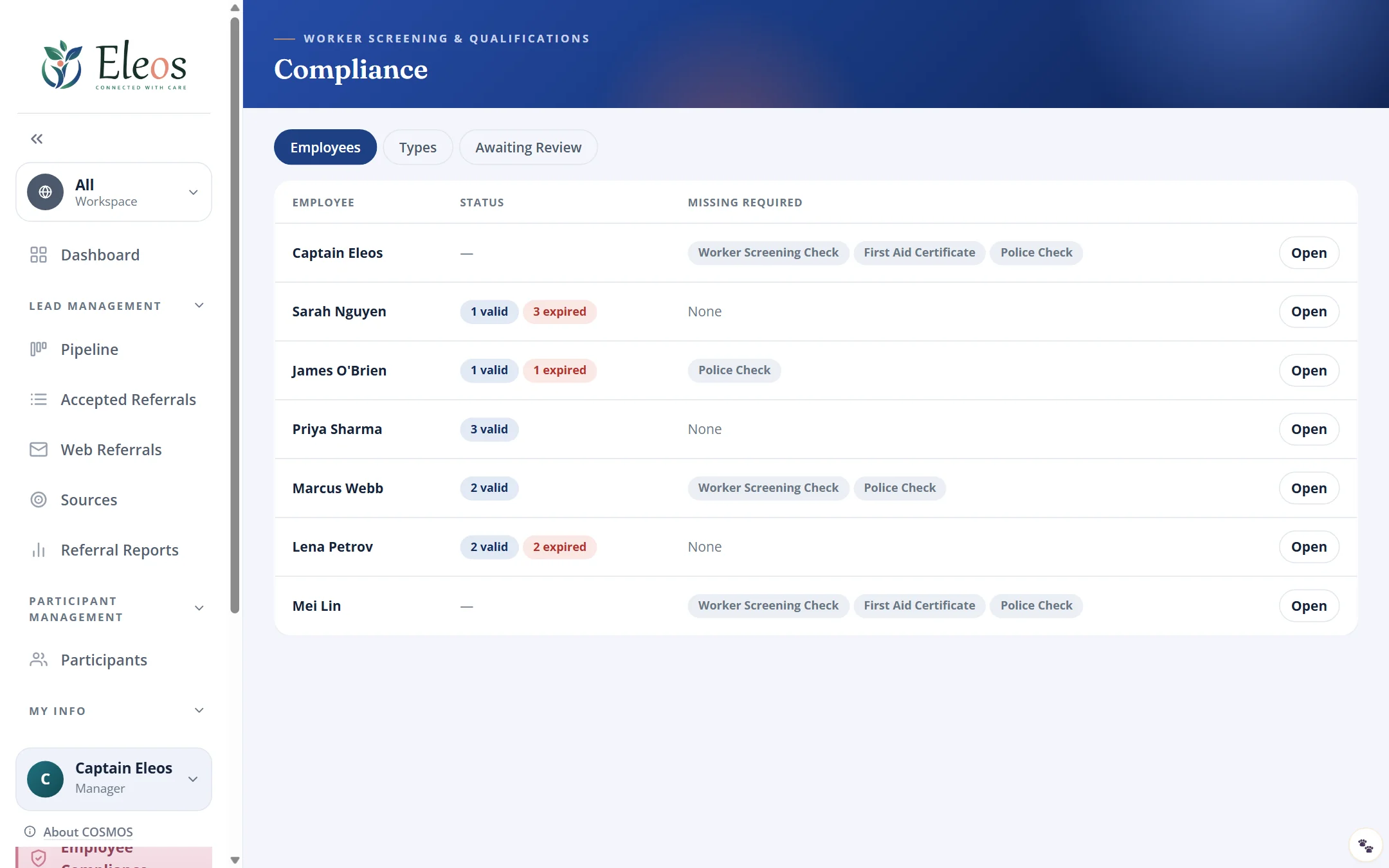 COSMOS compliance screen listing employees with valid and expired checks and the required checks still missing