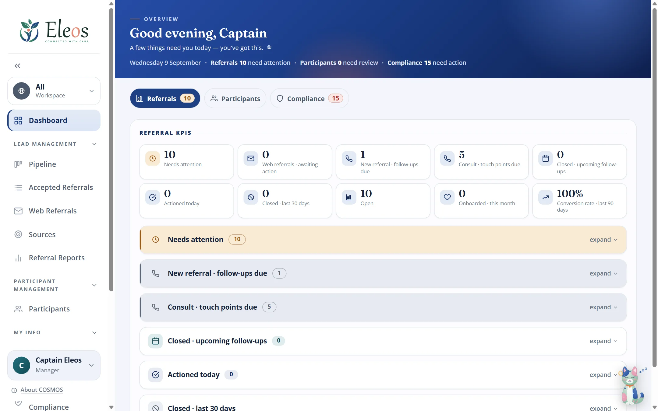 COSMOS dashboard: referral KPIs including needs attention, follow-ups due, open referrals, onboarded this month and a 90-day conversion rate, with tabs for Participants and Compliance