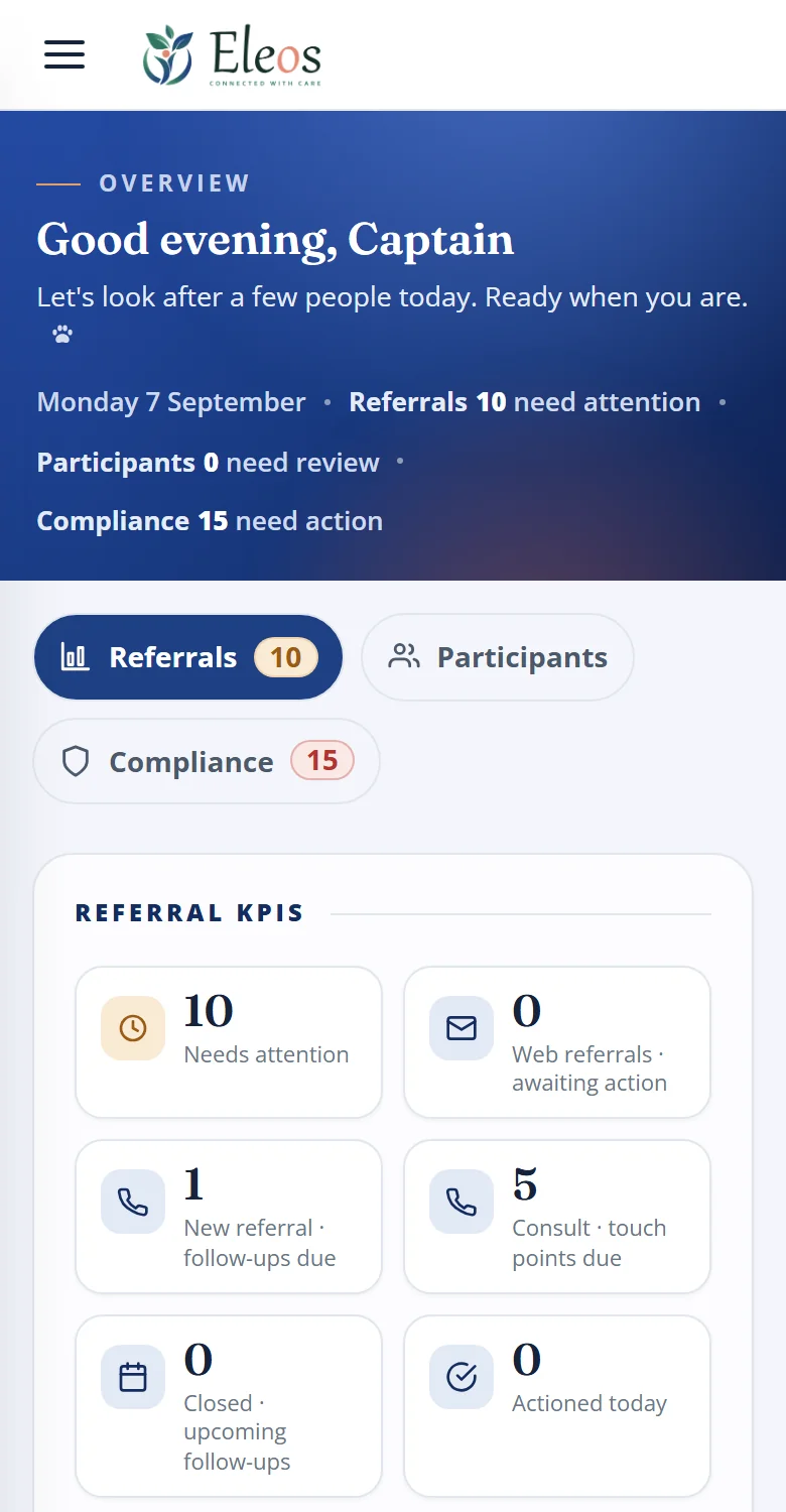 COSMOS dashboard on a phone: referral KPIs stacked in two columns