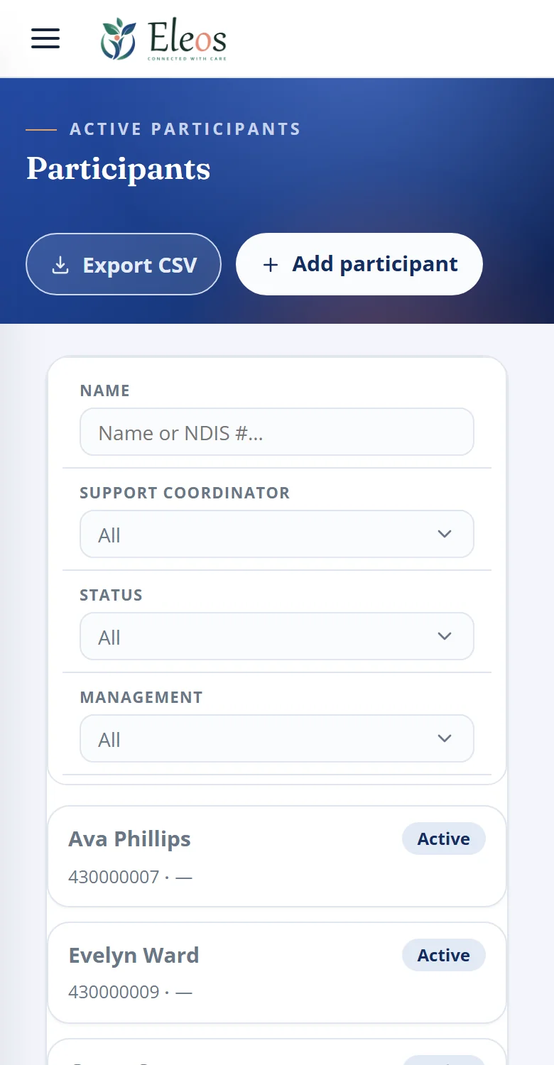 COSMOS participants register on a phone: filters and participant cards