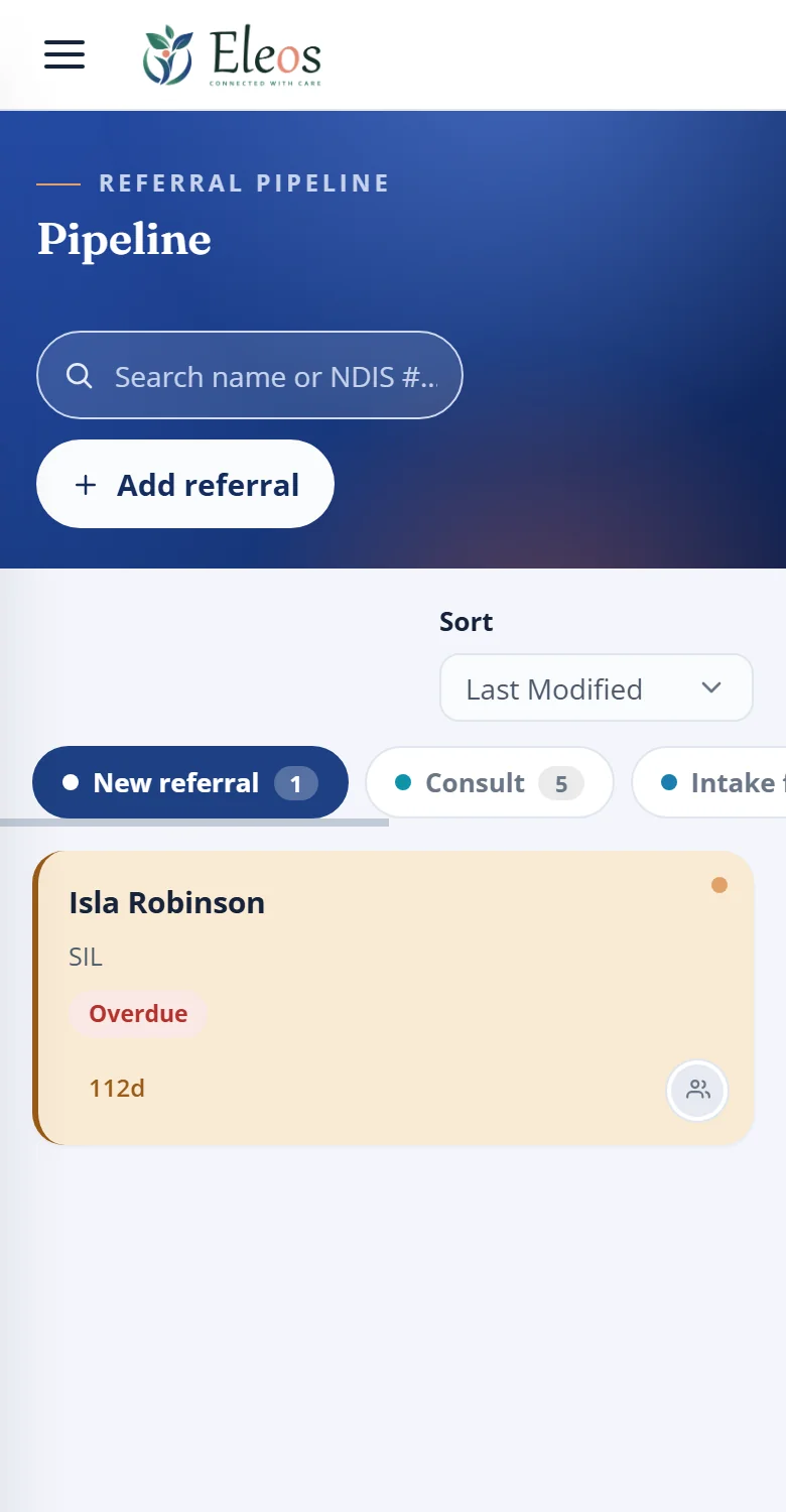 COSMOS pipeline on a phone: stage tabs with a referral card