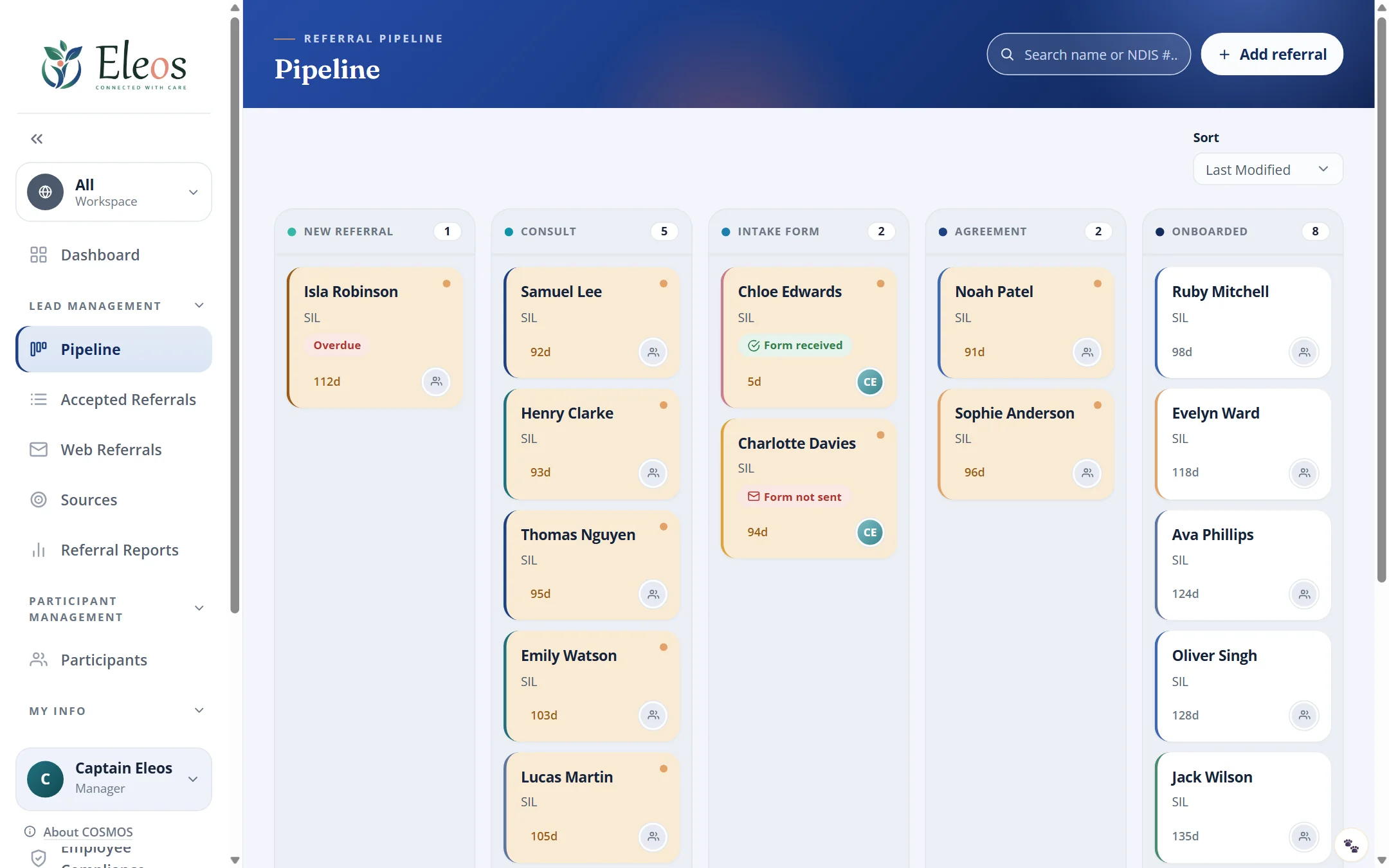 COSMOS pipeline board with columns New referral, Consult, Intake form, Agreement and Onboarded, each holding referral cards