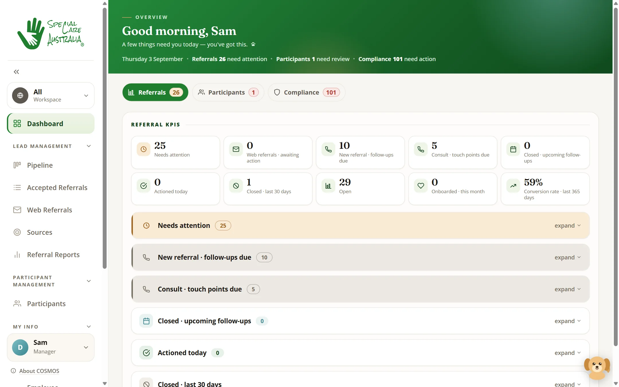 The COSMOS dashboard in Special Care Australia branding, with their own mascot in the corner