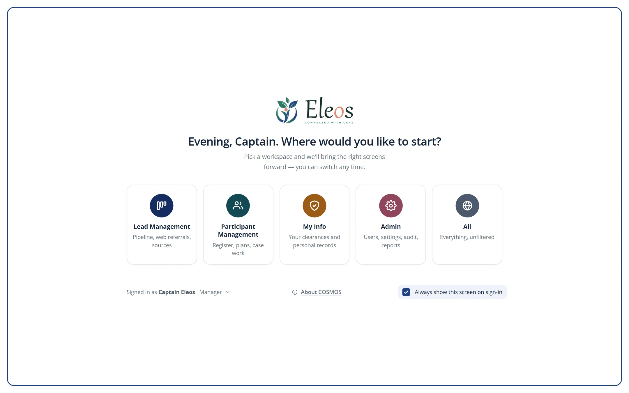 COSMOS workspace picker offering Lead Management, Participant Management, My Info, Admin and All